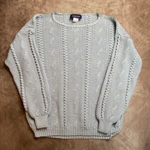 Marlene Vintage Crochet Cable Knit Sweater Gray Long Sleeve Women's Large Preppy